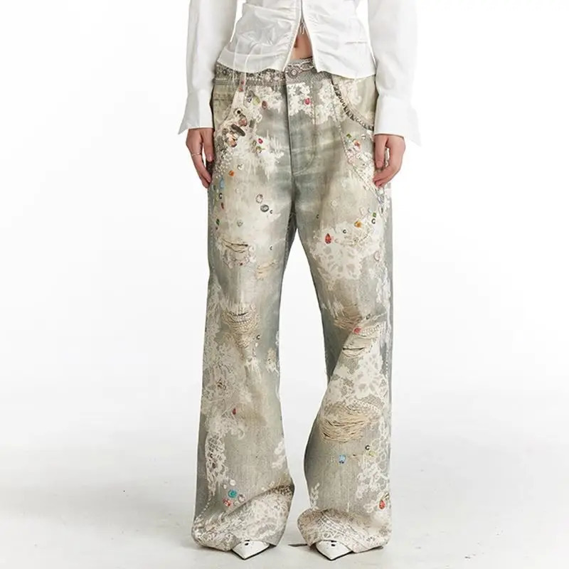 American retro vintage graffiti 3D printed jeans for couples ins high street hip-hop straight leg pants pants 250418