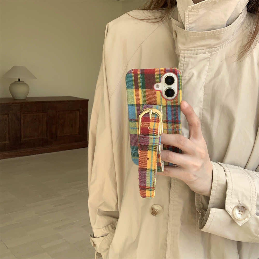 Plaid Colorful Card Holder Phone Case Compatible with iPhone 16/15 Pro Max Niche Simple Protective Case iPhone 14 Pro