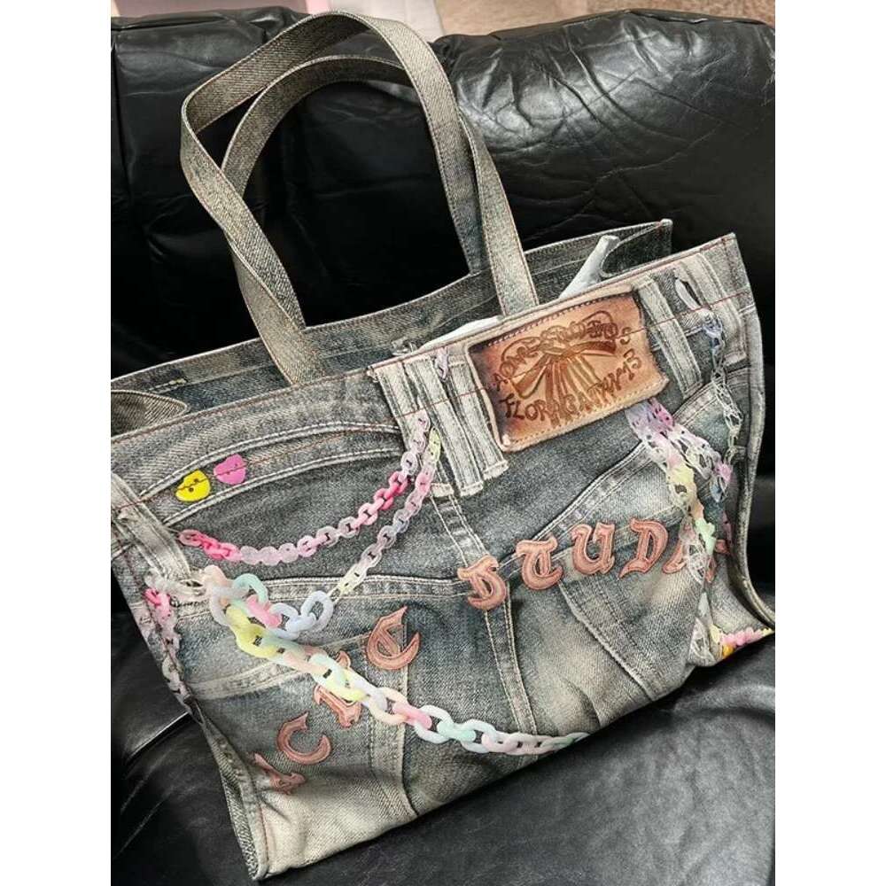 FIRMRANCH Street Photography Trendy Letter Chain Printed Design Large Capacity Denim Women's Shoulder Bag Tote Shopping Pouch