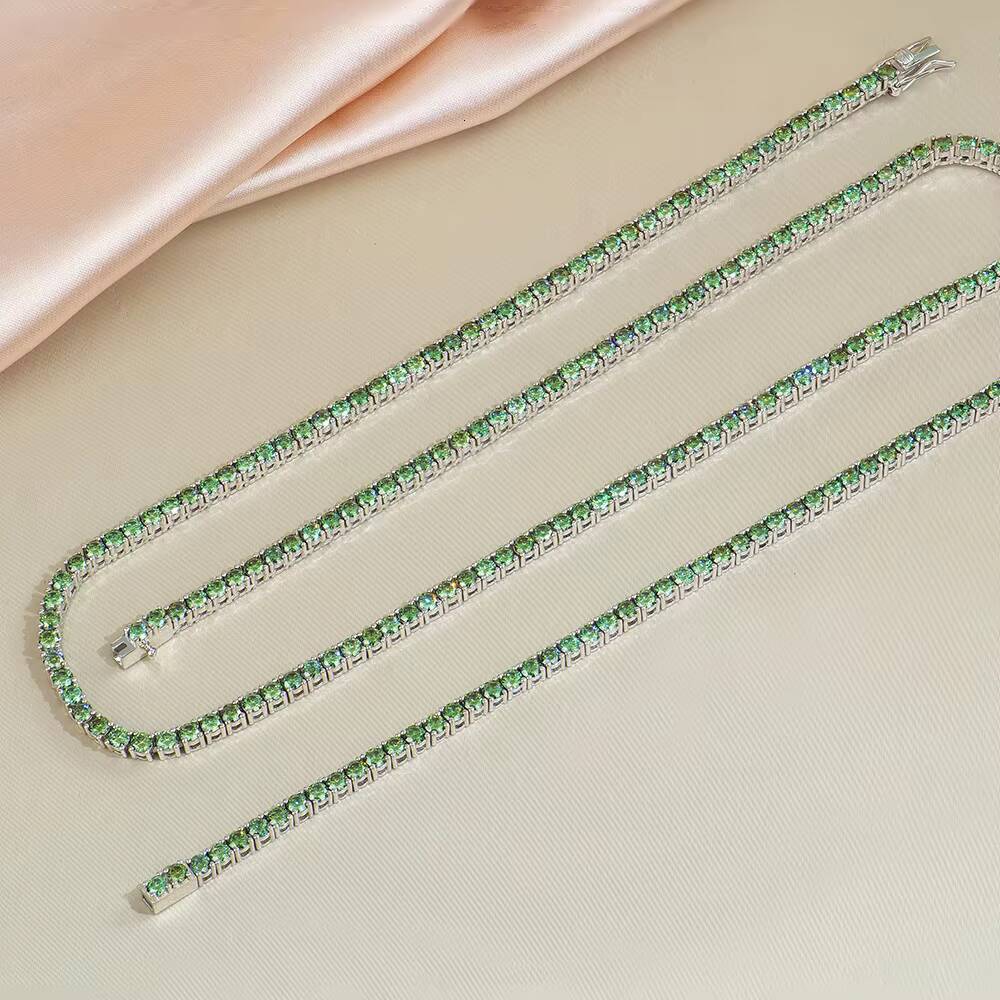 Hip Hop Jewelry 925 Silver Necklace Rhodium Plated Round Brilliant Cut Green Original Color Moissanite Tennis Link Chain
