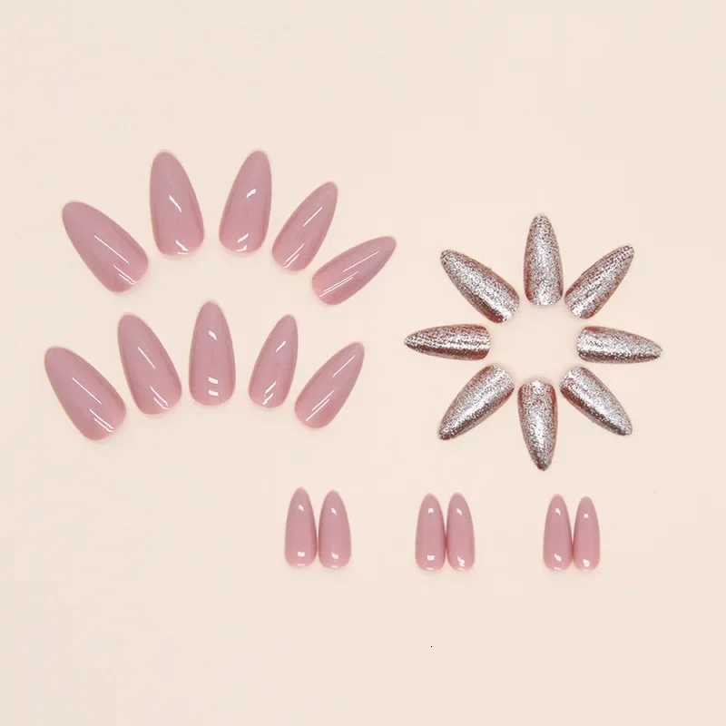 24pcs Solid Bean Pink Almond Glitter Medium Long Nails Press on False Nails with Glue Reusable Woman Artificial Fake Nail TipsT251118T251119