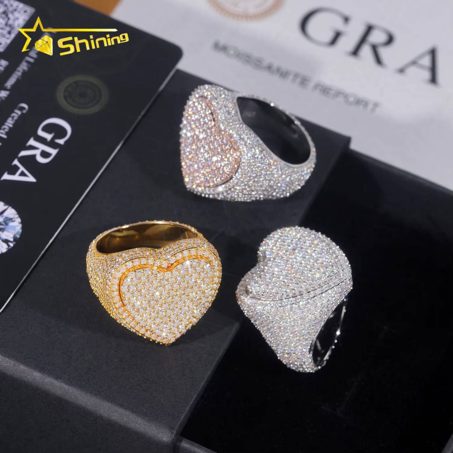 Fully Iced Out Heart Design 925 Silver Two Tone Men GRA Certificate Moissanite Hip Hop Ring