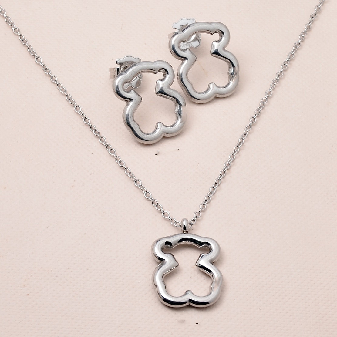 Fashion Women Men Silver Gold Stainless Steel Bear Cartoon Amimal White Pearl Star Heart Pendant Necklace Earrings Sets Jewelry