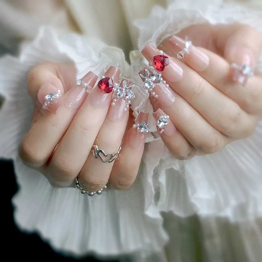 24Pcs Long Ballerina Fake Nails Sparkly Diamond Designs Press on Nails White Pearl Clear False Nails for Women Bride WeddingT251118T251119