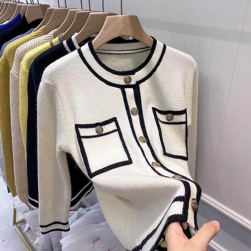 Small Fragrance Contrast Long-Sleeved Knit Cardigan Womens Spring And Autumn New Loose Slim Sweater Coat Casual Soft And Top H251119