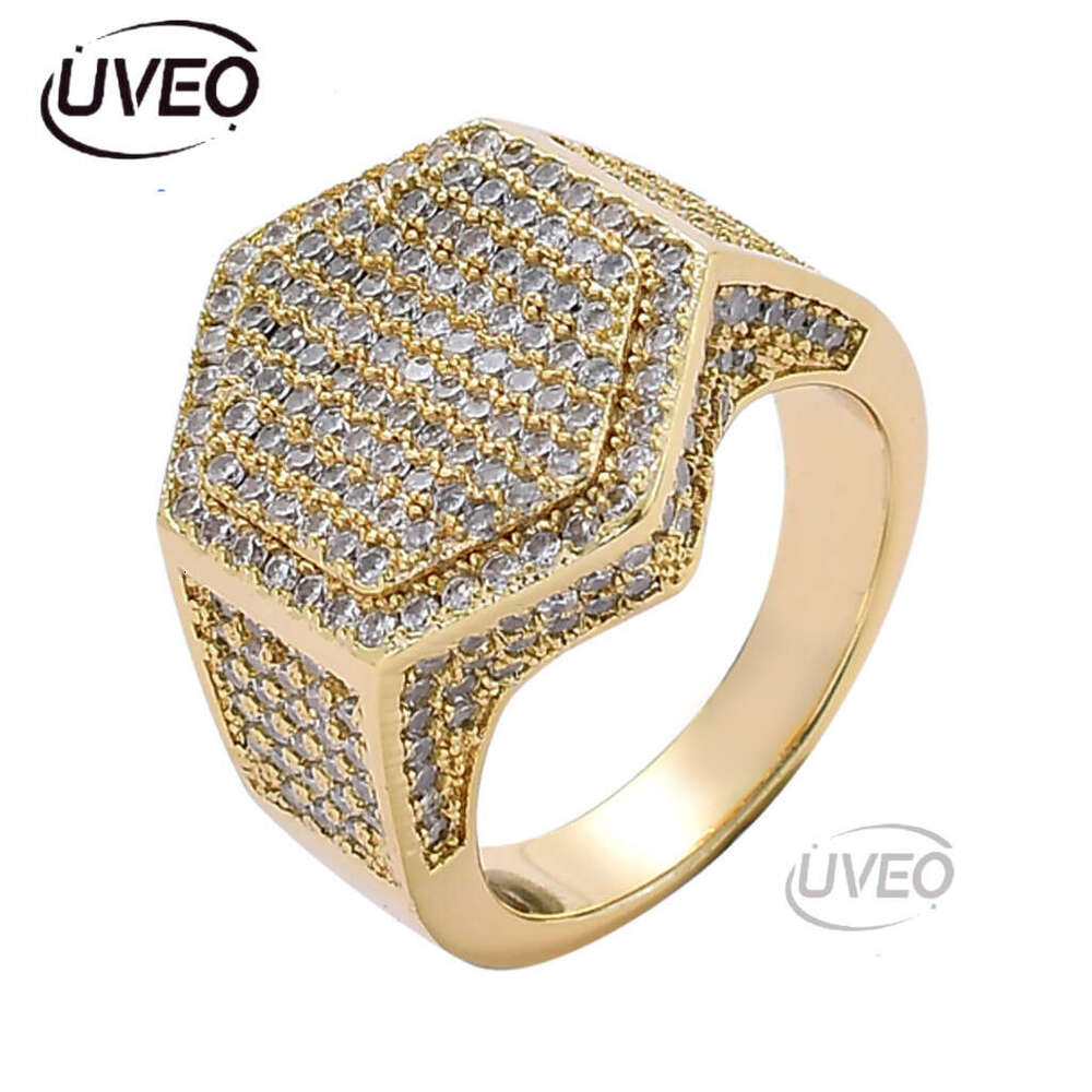 Luxury designer Hexagonal Ice Out VVS Moissanite Ring for Men Hip Hop Ring with free shipping