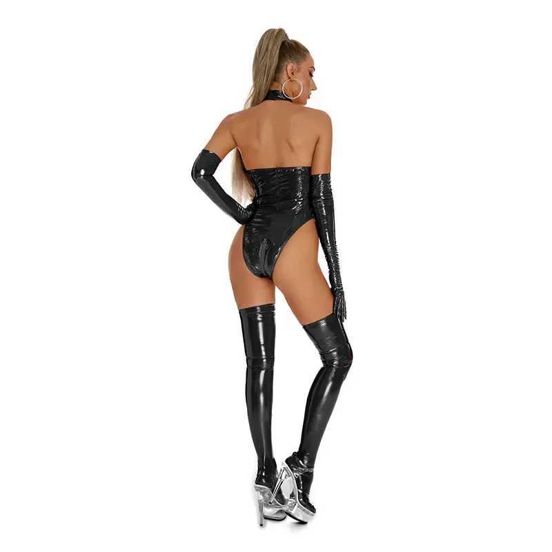 Sexy fashion lingerie zipper open crotch leather bodysuit erotic no crotch bodysuit womens shiny latex bound bodysuit W250419