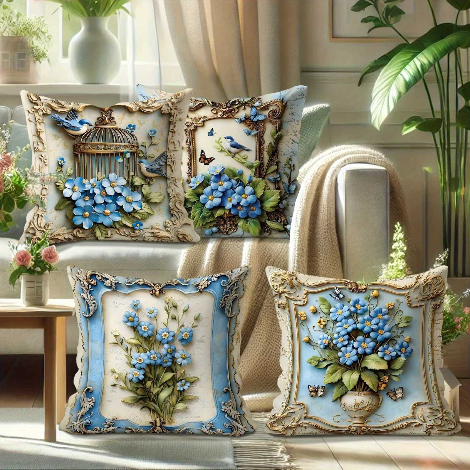 Blue Flowers Birds Butterflies throw cover with short plush print for living room sofa decoration cushion coverM251119