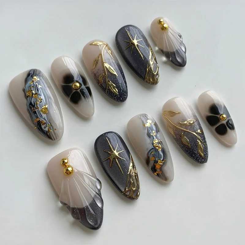 24pcs Cats Eye False Nail Finished Shiny Powder Pearl Design Nails Sets Press on Fashion Flower French Long Almond Fake NailsT251118T251119