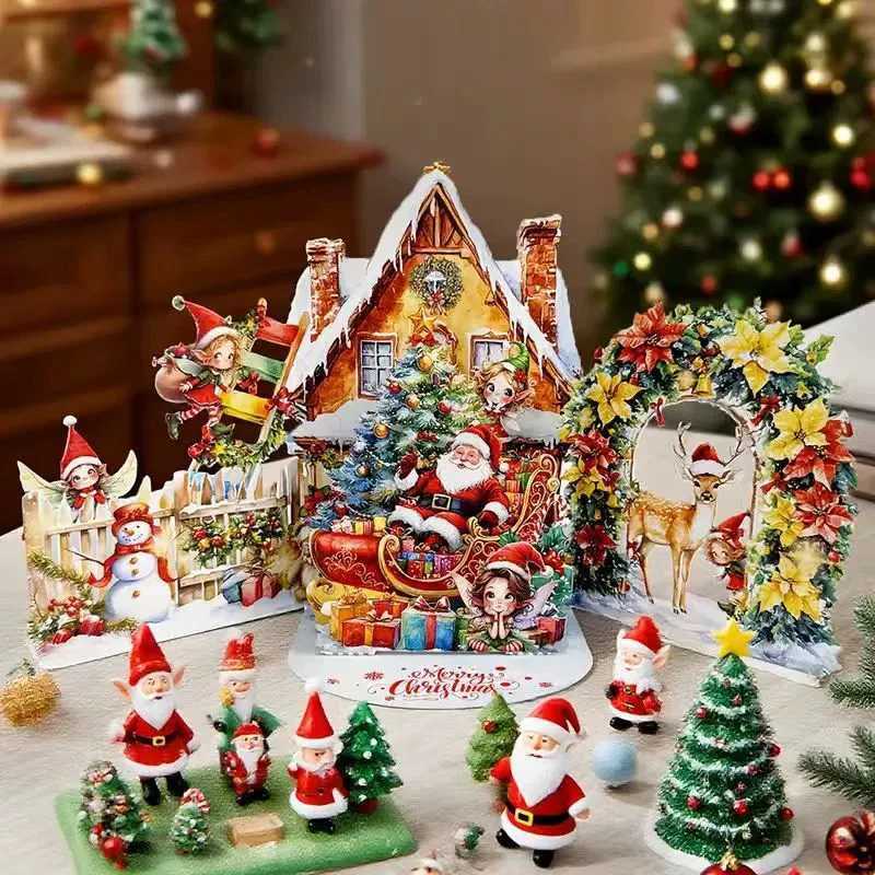 3D Christmas Night before Christmas Scene Card with Santa Reindeer Snowy Village Moonlit Sky Festive Holiday Greeting Card G2511191