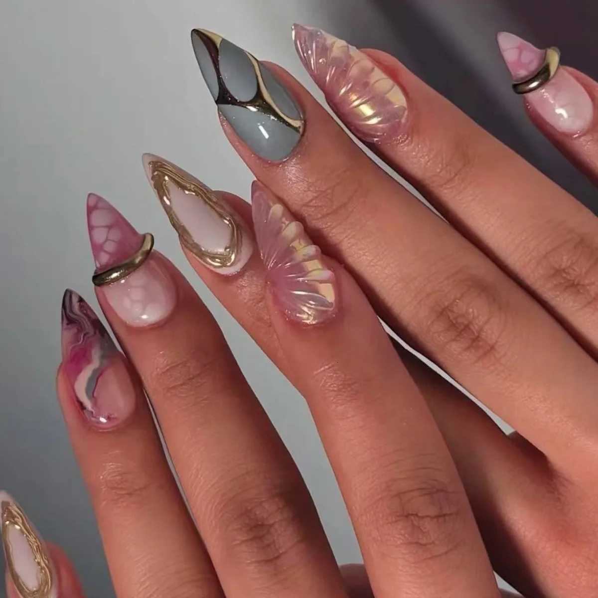 24pcs Cats Eye False Nail Finished Shiny Powder Pearl Design Nails Sets Press on Fashion Flower French Long Almond Fake NailsT251118T251119