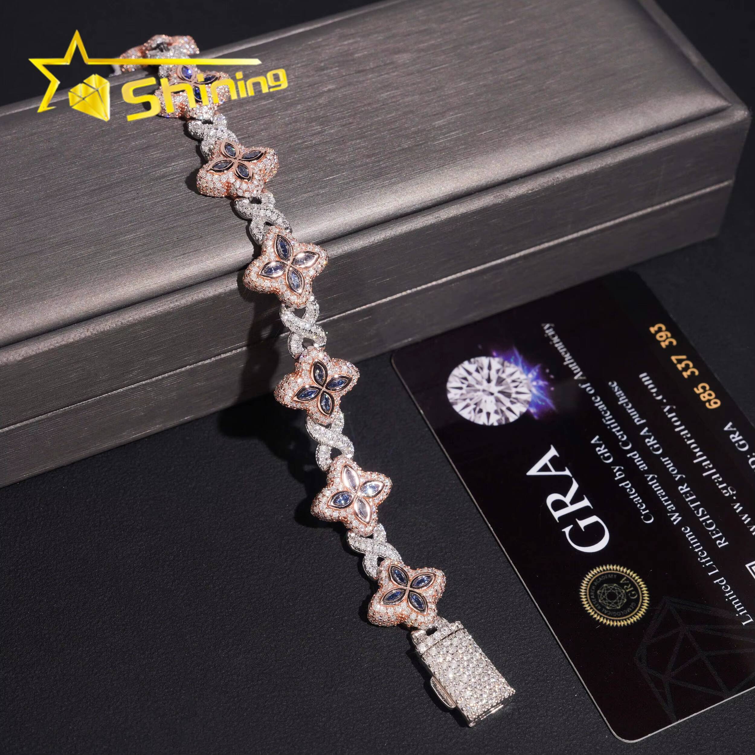 GRA Certified 925 Sterling Silver Hip Hop Two Tone Infinity Sapphire Marquise Clover Moissanite Diamond Bracelet