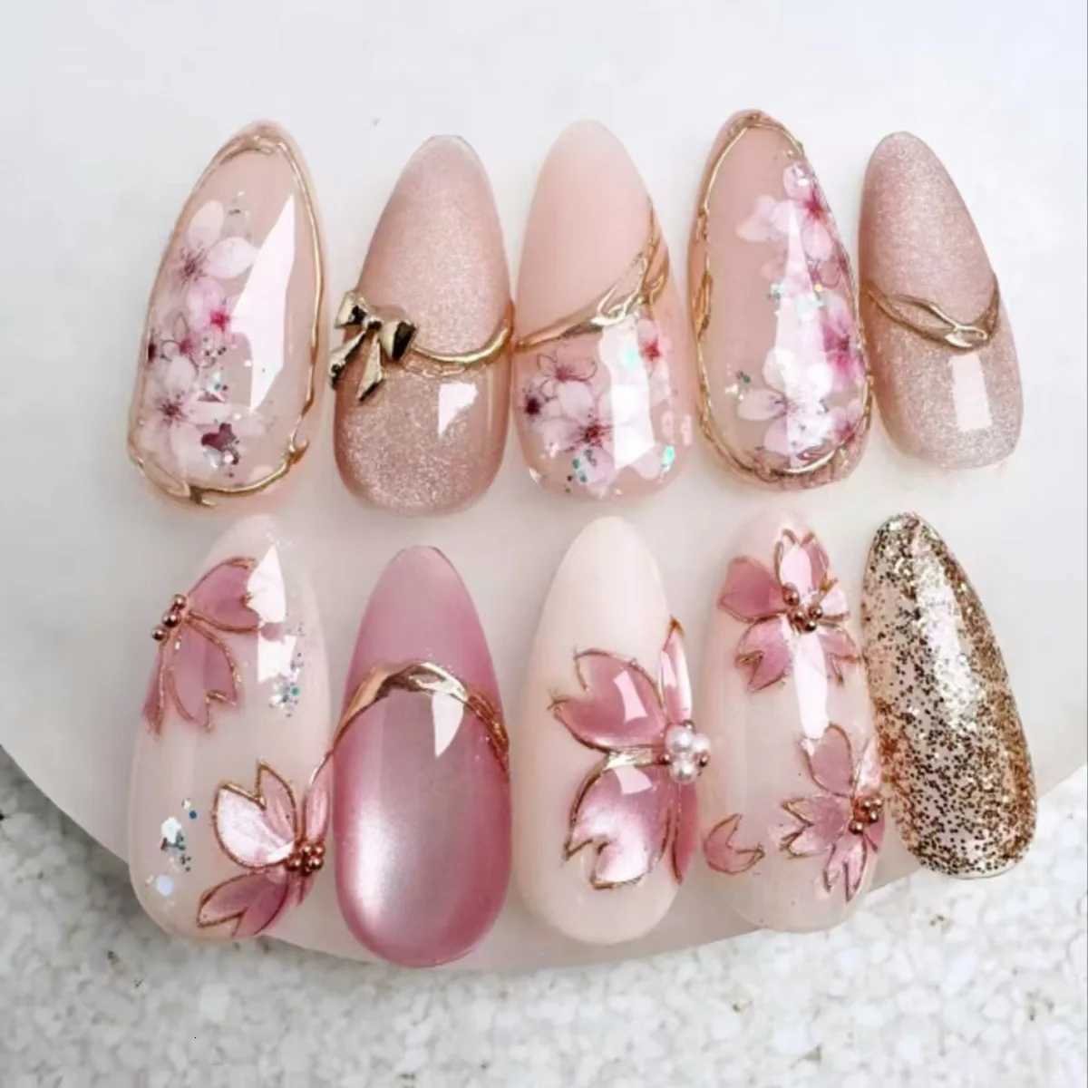 24pcs French Almond Press on Nails Flower False Nails Wearable Stick-on Nails Fake Nail Uas Postizas Mujer T251118T251119