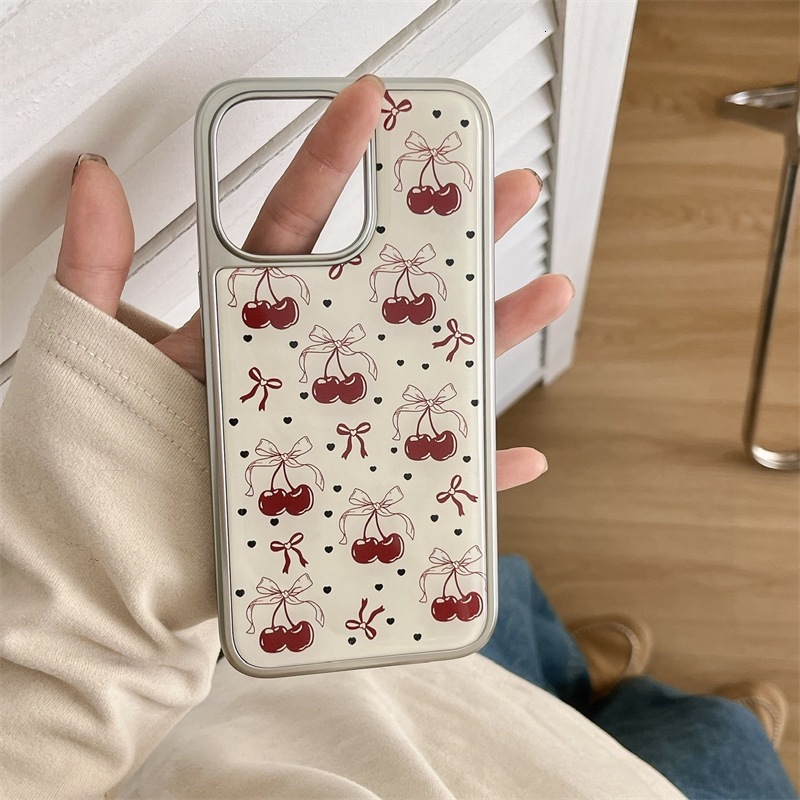 Bowknot Cherry Phone Case Compatible with iPhone 16 Pro Max Silver Edge Protective Case iPhone 15/14/13 Pro