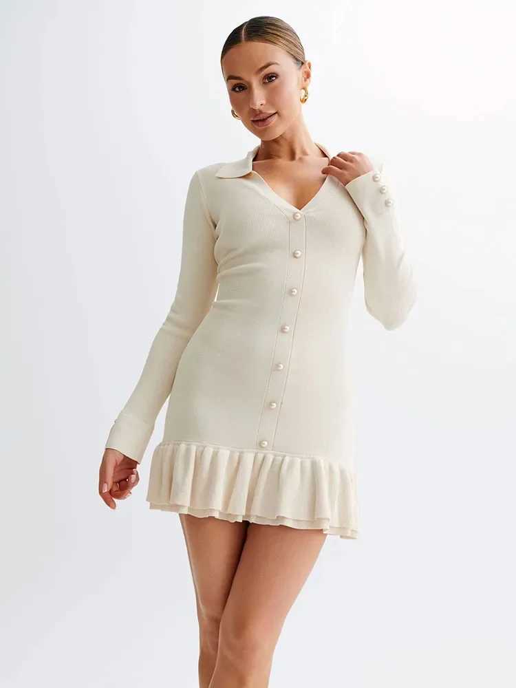 Cute Ruffle Bow Knitted Mini Dress for Women in Summer No Back Comparison Open Collar Lace Elegant Dress for Women Knitted Bandage Dress M250419