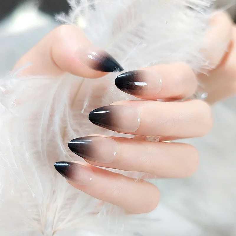 24pcs Gradient Black Pointed Nail Art Fake Nails Press On Nail Tips Artificial Nails Wearable Long Almond False Nails FinishedT251118T251119
