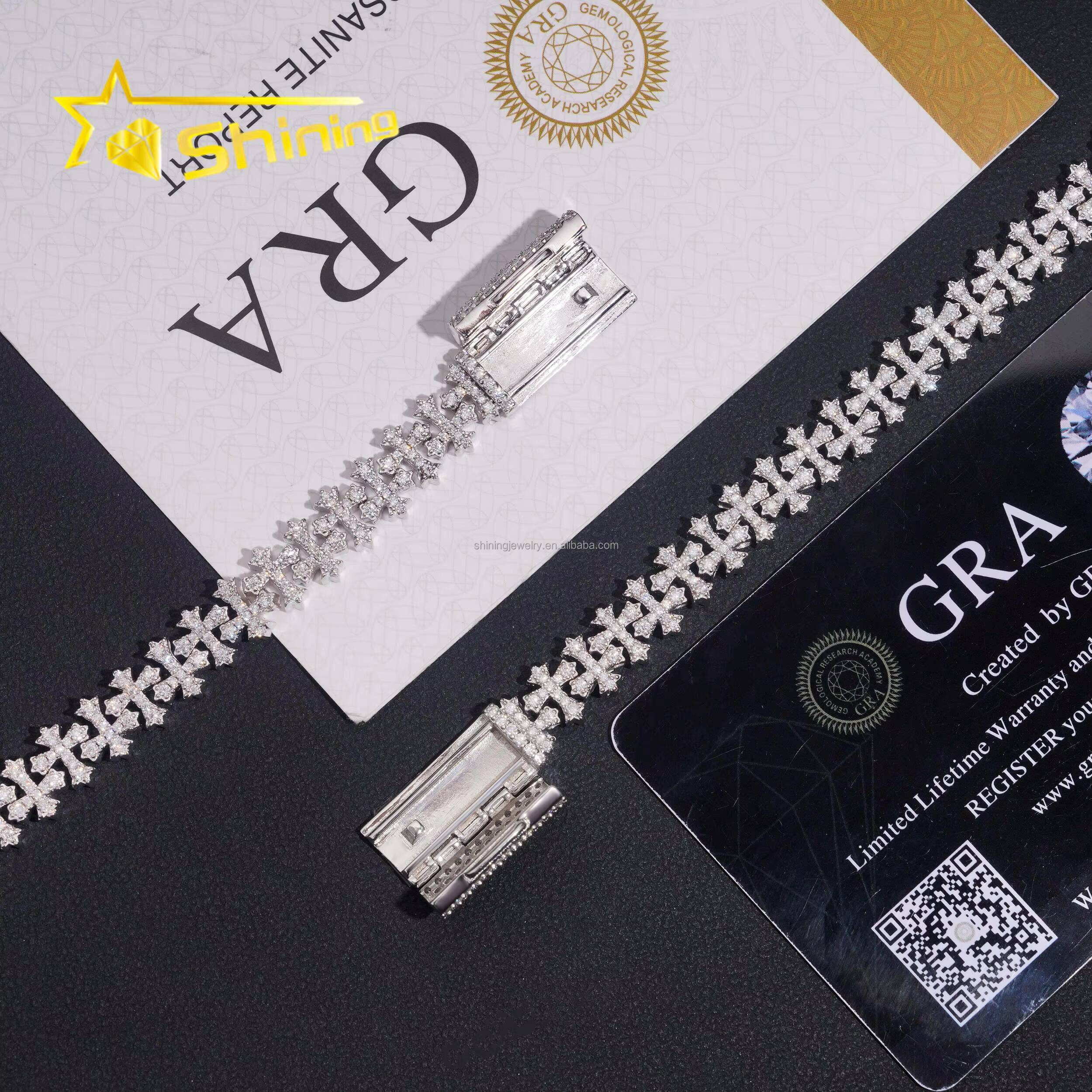 Pass Diamond Tester Luxury Jewelry Hip Hop VVS1 Moissanite Diamond Iced Out GRA Certificate S925 Silver Cuban Cross Bracelet