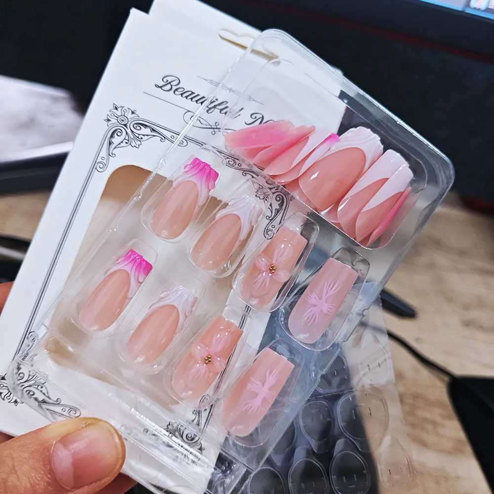 24Pcs/boxed Gradient Pink Flowers Fake Nails With 3D Carving Blossom Flowers Press On Nails Christmas Wearable False Nail SetsT251118T251119