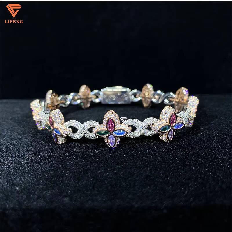 New Design 925 Silver Iced Out VVS Diamond Colored Moissanite Bracelet Gold Plated Lucky Clover Bangle for Hip Hop Jewelry