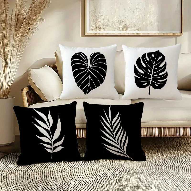 4pcs Set of Simple Black and White Leaf Pattern Covers Available in Three Sizes Square Soft Polyester Cushion Covers wiM251119