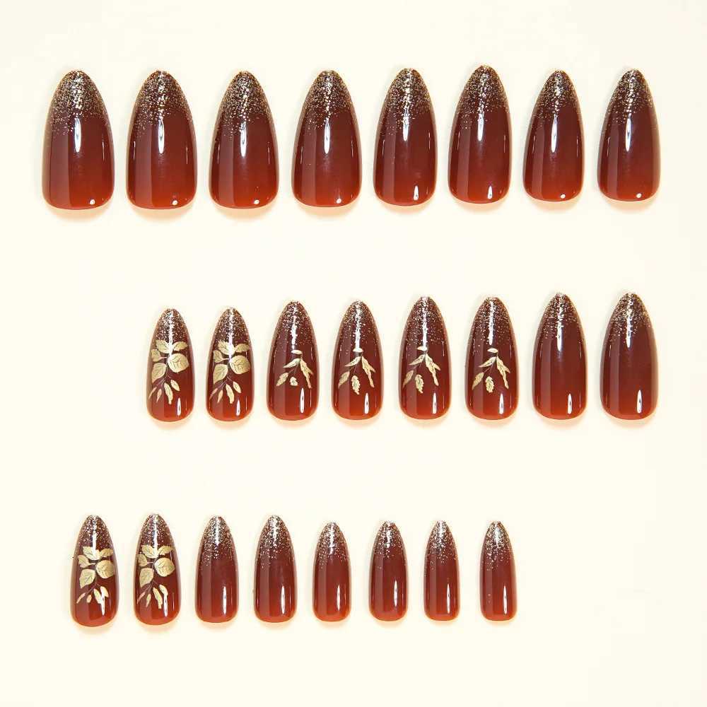 24Pcs Glossy Brown Fake Nails Autumn Almond Press On Nails with Gold Color Leaf Designs Full Cover Stick-on False Nails PatchesT251118T251119