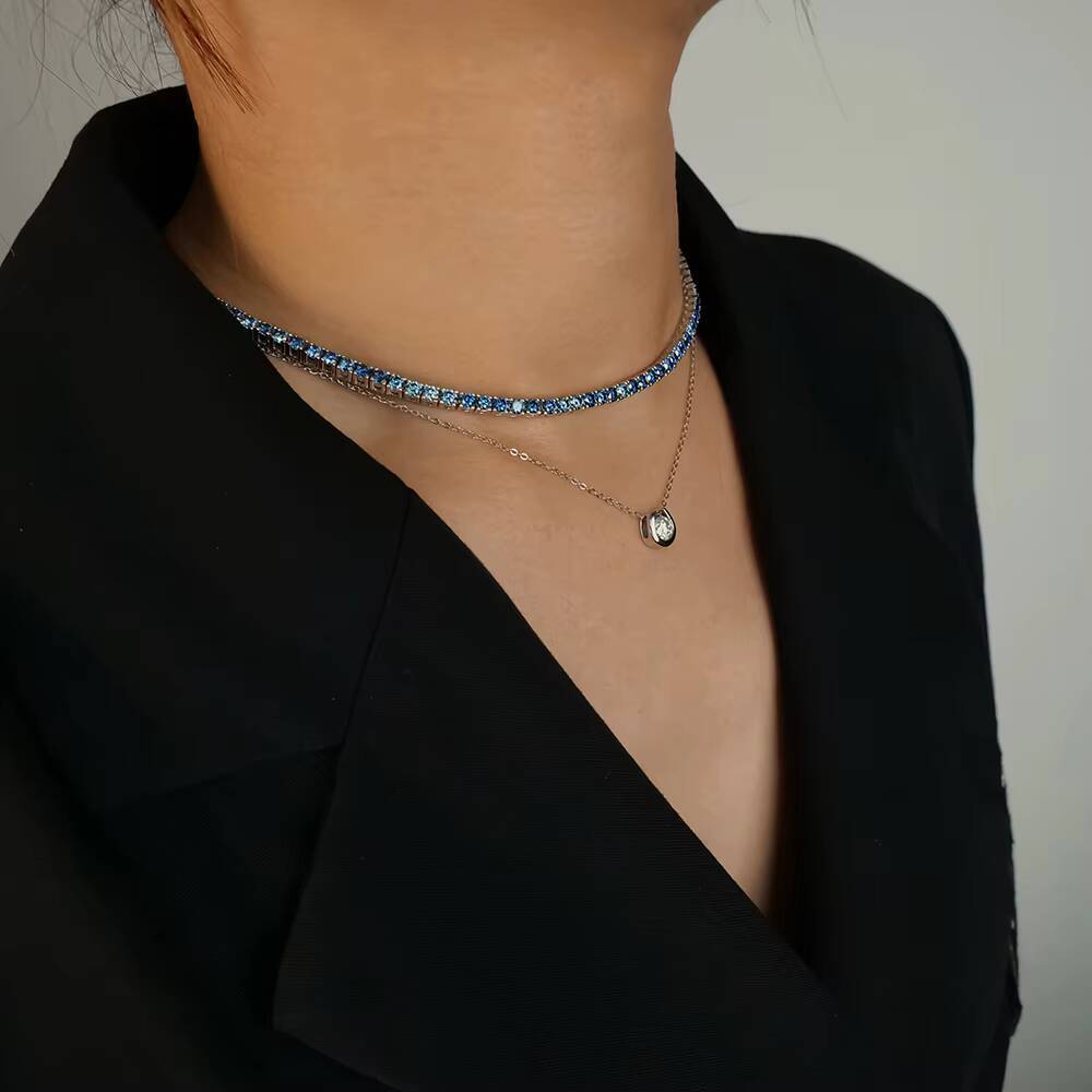 Premium Jewelry 925 Silver Necklace Rhodium Plated Round Brilliant Cut Original Royal Blue Color Moissanite Tennis Link Chain