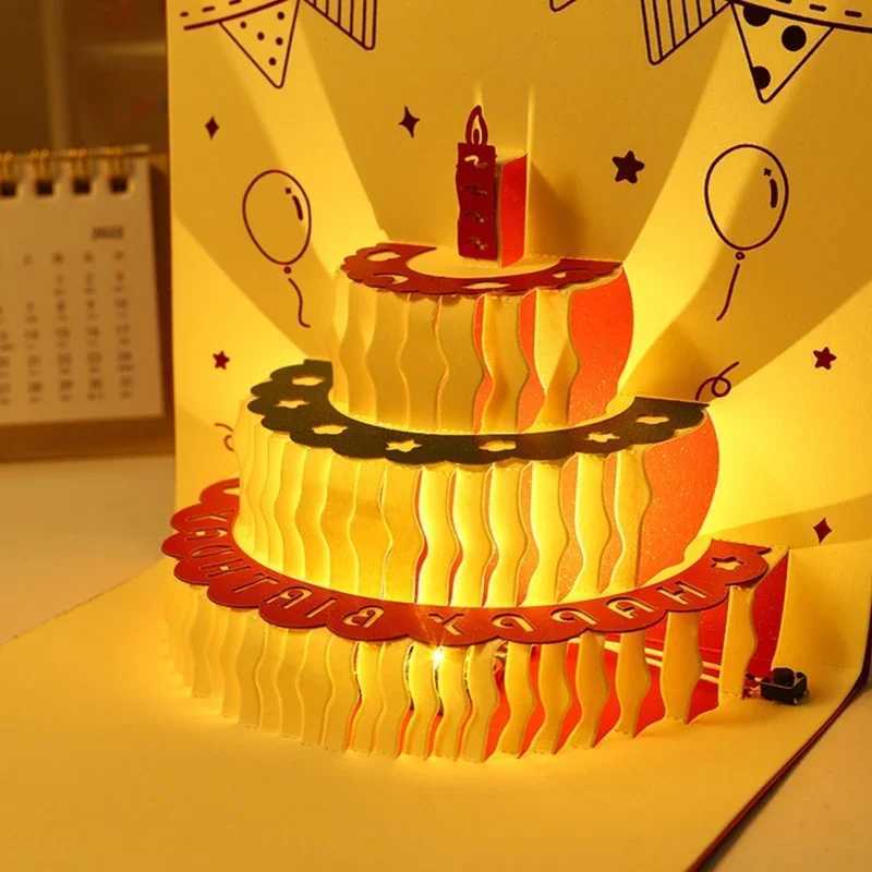 3D Birthday Cake Cards with Music Light Happy Birthday Pop-Up Greeting Postcards Gifts with Envelope Invitations for Kid Girl G251119