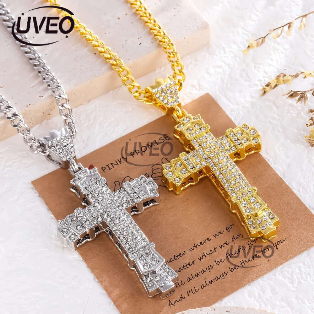 Hip Hop Cross Pendant Religious Charm Gold Sier Full Ice Out Crystal Neckalce Simulated Dias Catholic Crucifix Necklace With Cuban Chain Jewelry