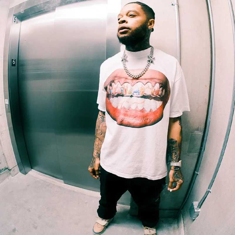 Rock hip-hop mens cotton short sleeved T-shirt Harajuku oversized casual O-neck punk lip print retro gothic Y2K streetwearXJ250418