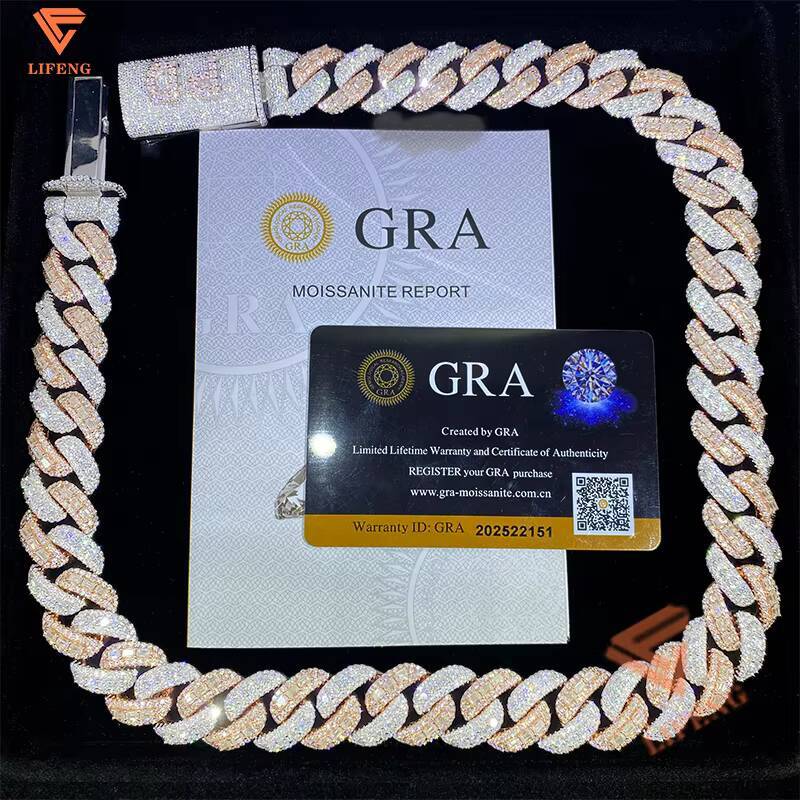 Baguette Cut Rose Gold Plated Two Tone Necklace Iced Out 18mm 925 Sterling Silver HipHop Jewelry Vvs Moissanite Cuban Link Chain