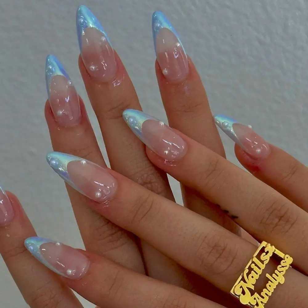 Full Cover Color Gradation Almond False Nail Aurora Rhinestones Fake Nails Golden Line Mid-length Detachable Press on NailsT251118T251119