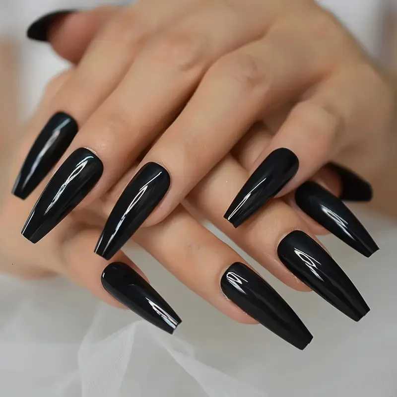 120pcs Long Coffin Black Press-On Nails Full Cover Ballet Square Shape False Nails Solid Color Glossy Finish Durable Fake NailsT251118T251119