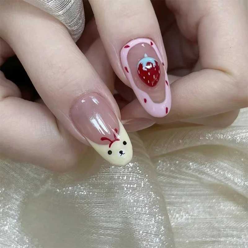 10pcs Almond Press On Nails With Pink Strawberry Bear Design Acrylic False Nails Cute French Full Cover Nail Tips Summer Girl NeT251118T251119
