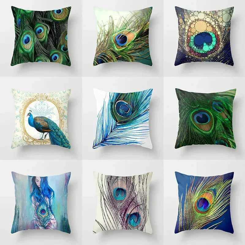 Peacock feather series ethnic style throw cover with short plush print for living room sofa decoration cushion coverM251119