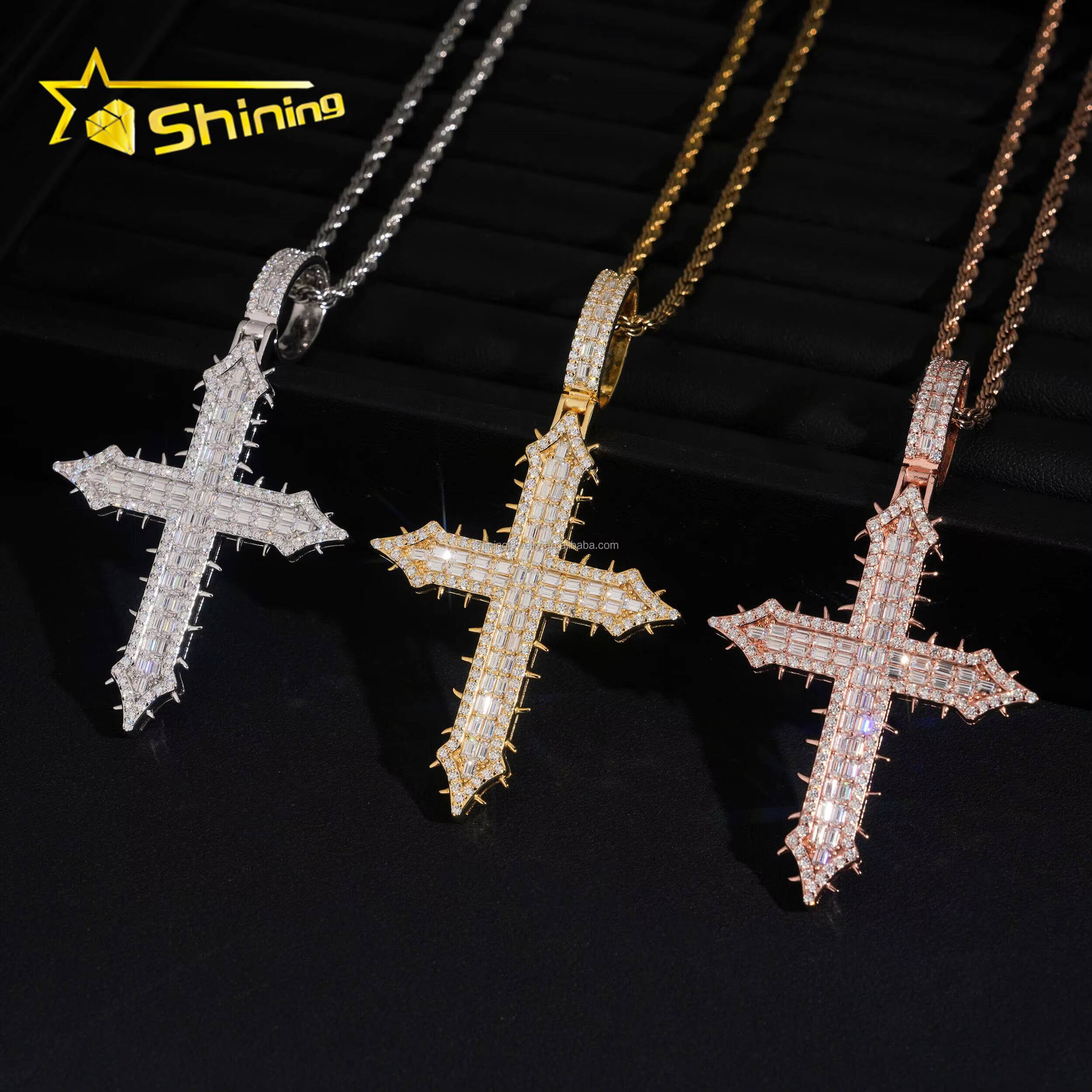 New Arrivals Bulk Stock Hip Hop Stylish Rapper Jewelry VVS1 Moissanite Diamond S925 Silver Iced Out Man Thorn Cross Pendant