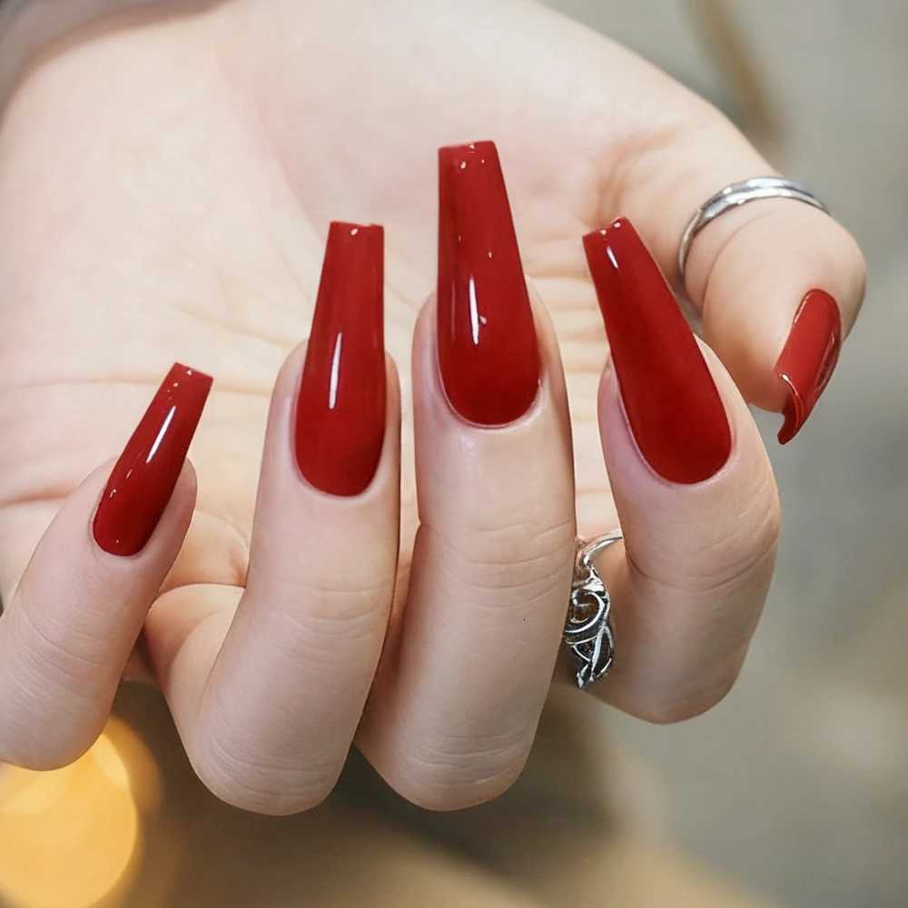 48Pcs Acrylic Fake Nails Press Ons With Glue Burgundy Super Long Ballerina Coffin False Nail DIY Woman Manicure Wholesale ItemsT251118T251119