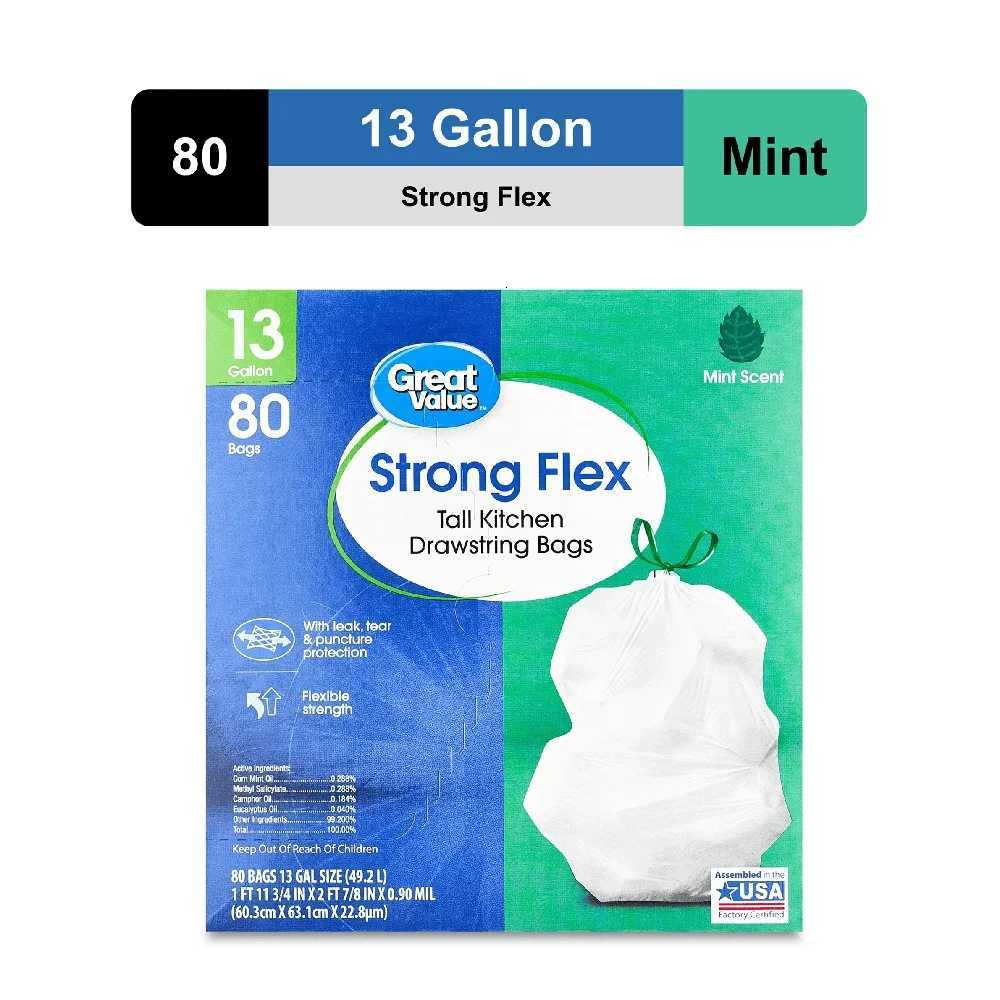 Strong Flex 13 Gallon Kitchen Drawstring Trash Bags Mint Scent 80 Count Leak Tear Puncture Protection Easy Lift Carry C251119