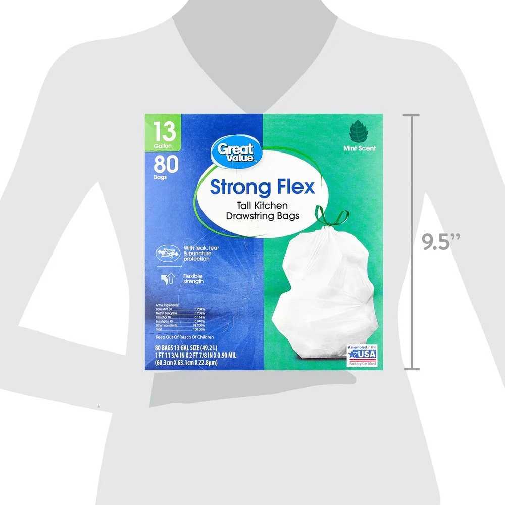 Strong Flex 13 Gallon Kitchen Drawstring Trash Bags Mint Scent 80 Count Leak Tear Puncture Protection Easy Lift Carry C251119