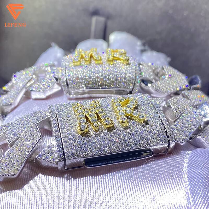 Custom White Gold Plated 20mm 4 RWOS Stones VVS1 Moissanite Diamond 925 Silver Necklace Jewelry Name Clock Cuban Link Chain Gift