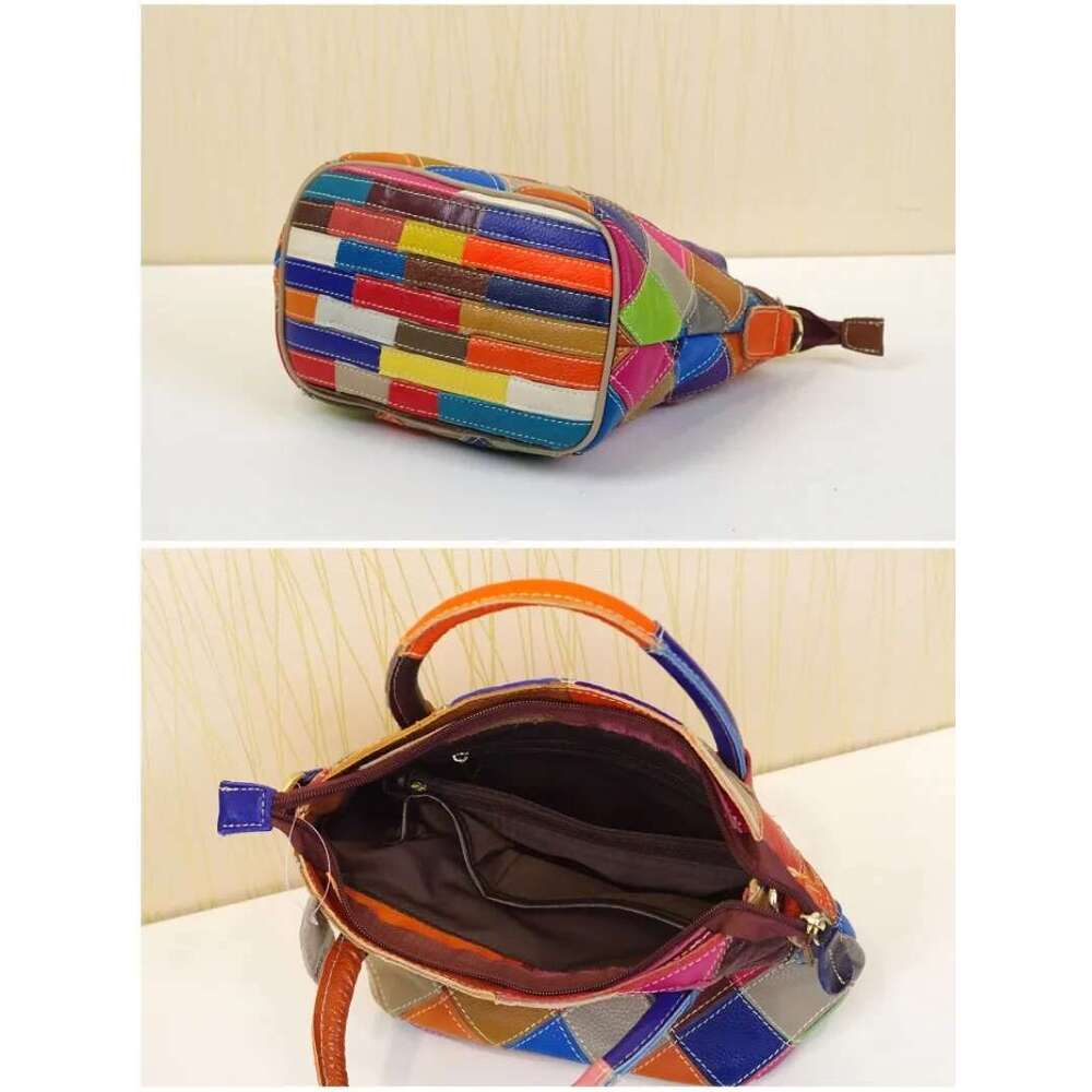 Vintage Cowhide Bucket Bag - Contrast Plaid Design With Tote Function For Women's Casual Outings