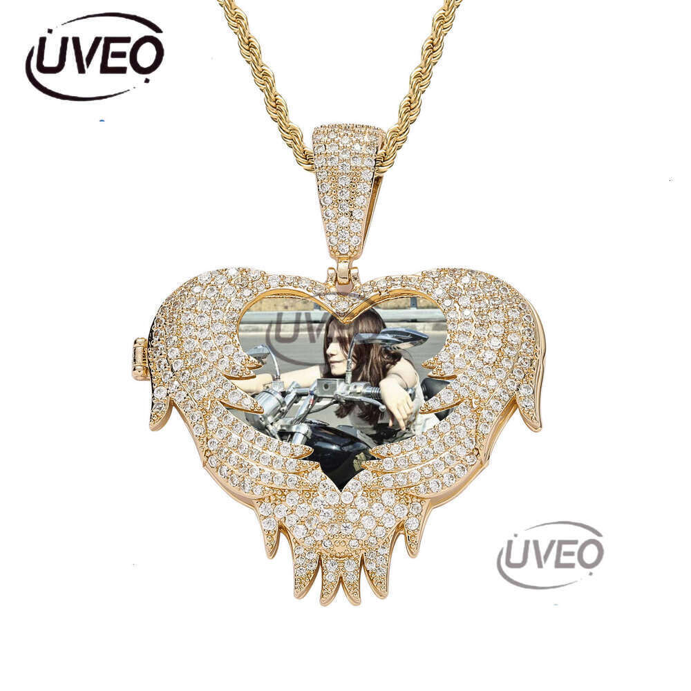 Luxury designer Flip Heart Photo Pendant Gold silvered Ice out VVS Moissanstone Hip Hop Men Women's Frame Necklace with FREE shipping