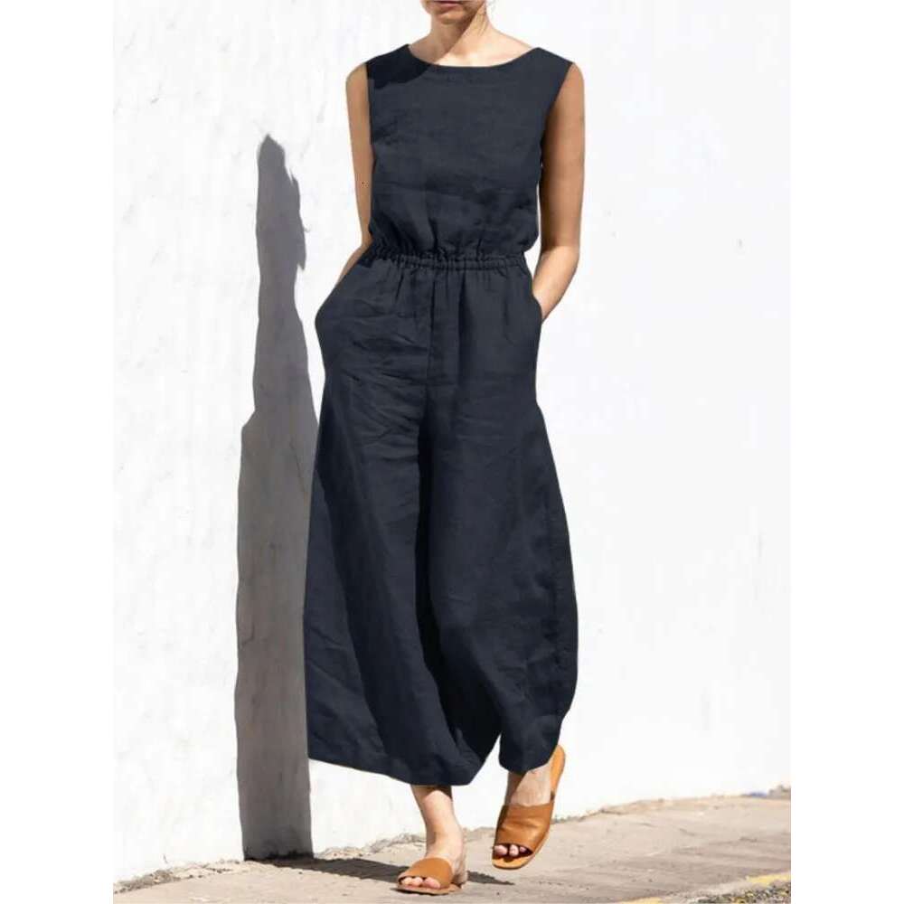 Designer Clothing Cotton And En Jumpsuit Women Solid Color Sleeveless Pocket High Waist Wide Legs Jumpsuits Casual Commuting Ladies Bodysuits