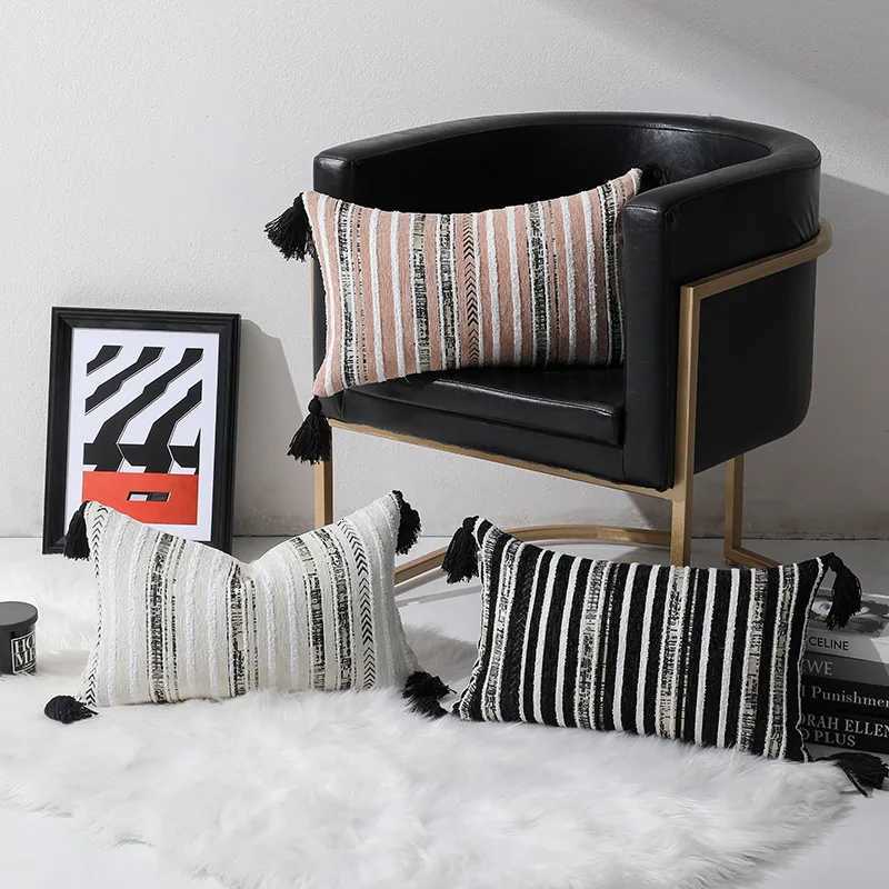 Simple Chenille Throw case 50X50 Yarn-Dyed Jacquard Stripe Geometric Fringe Sofa Cushion Cover Cojines Decor HomeM251119