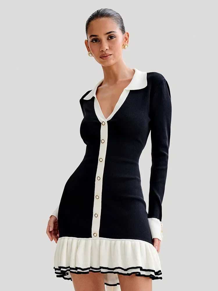 Cute Ruffle Bow Knitted Mini Dress for Women in Summer No Back Comparison Open Collar Lace Elegant Dress for Women Knitted Bandage Dress M250419