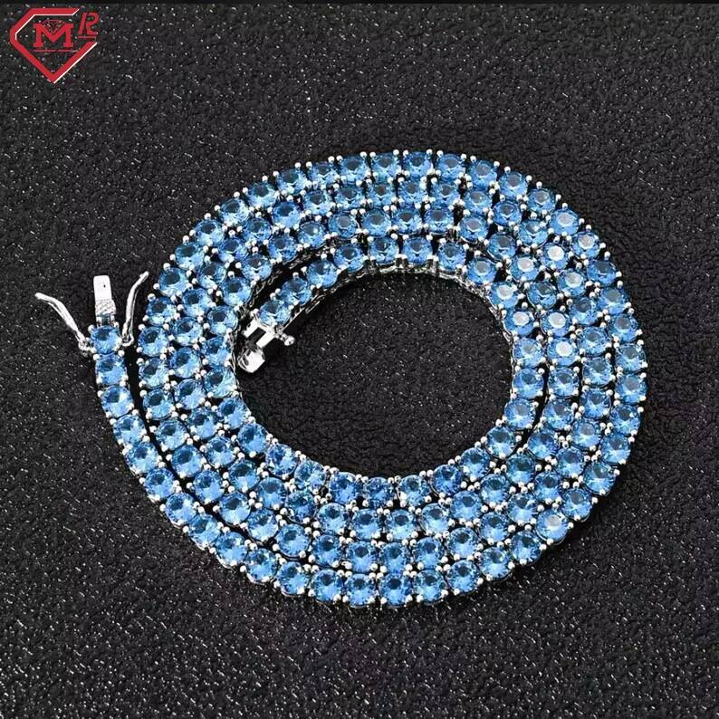 Bling Hiphop Tennis Chain 4mm Pass Testter Blue Diamond 925 Silver Vvs Moissanite Tennis Chain