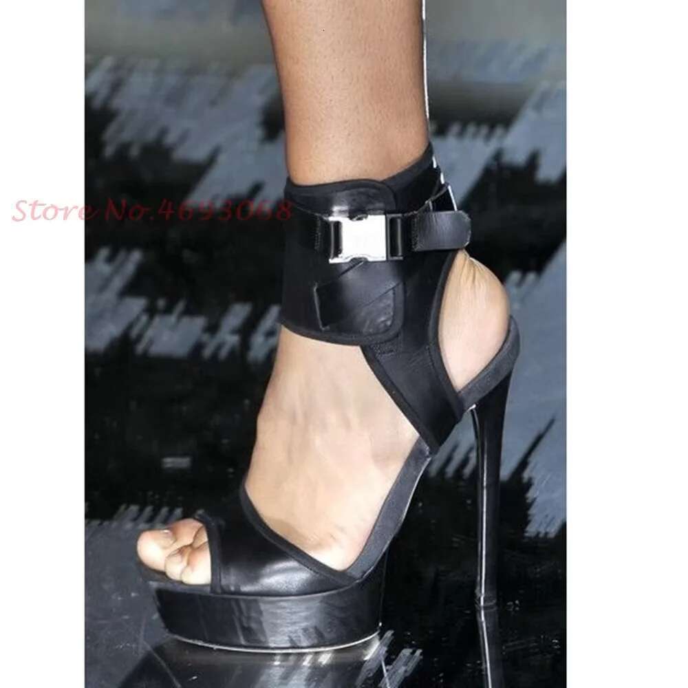 Grey Platform Women Ankle Wrap Thin Heels Peep Toe Metal Buckle Leather Pumps Hollow 2022 Summer Cool Sandals
