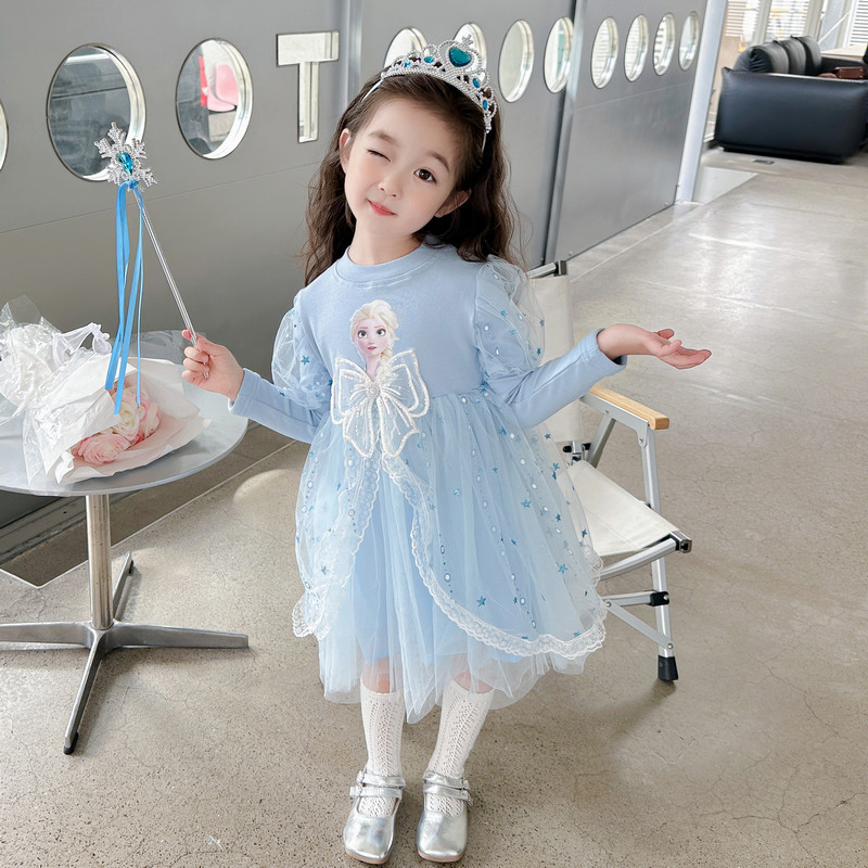 DISNEY Children's designer summer clothes little girl children's dress long-sleeved Elsa princess dress children's Ariel dress cotton m
