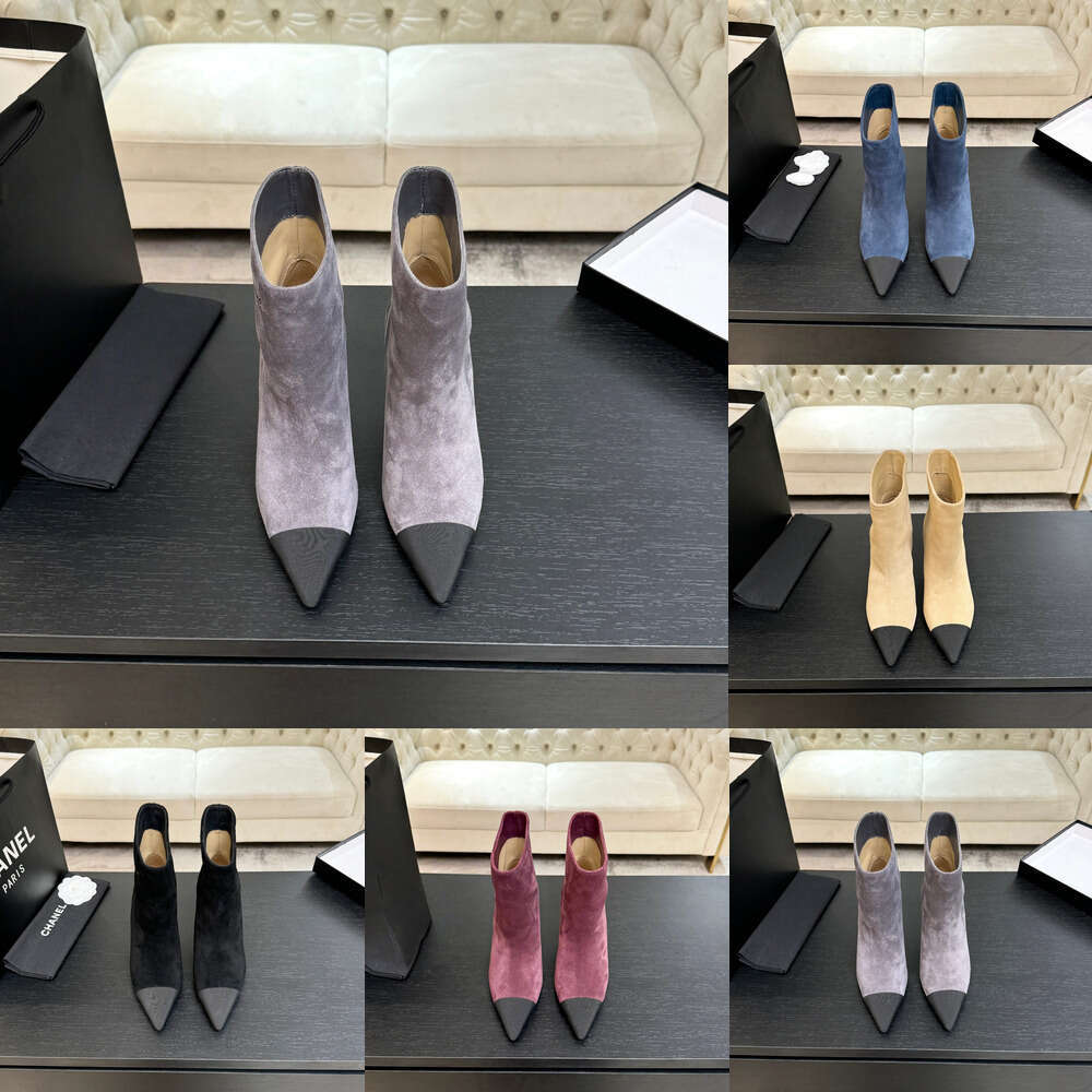 Designer womens boots Luxury European soft comfortable round toe patchwork suede thick heel short sock Half boots Ankle Mid-Calf Fashion women lady booties shoes