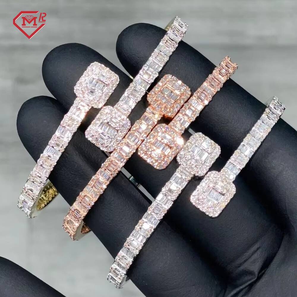 10k 14k 18k Gold Plating 925 Silver Vvs Baguette Moissanite Bracelet Bangle Cuff Link Hip Hop Iced Out Moissanite Bracelet Men