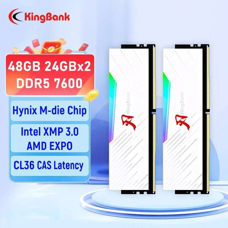 KingBank DDR5 White RGB 288pin memoria ram 24GBx2 7600MHz UDIMM Memory Desktop Memory Hynix M die CL36